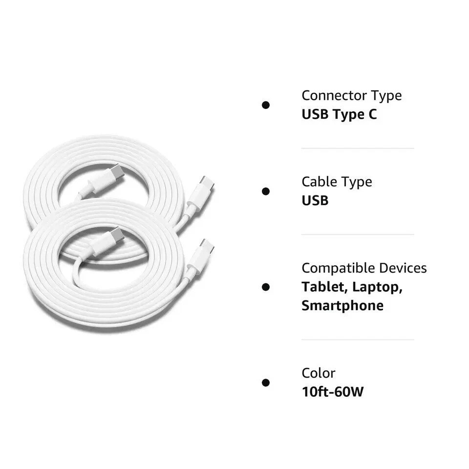 USB-C to USB-C Fast Charging Cable 10FT (2-Pack) 60W Type-C for Apple & Android
