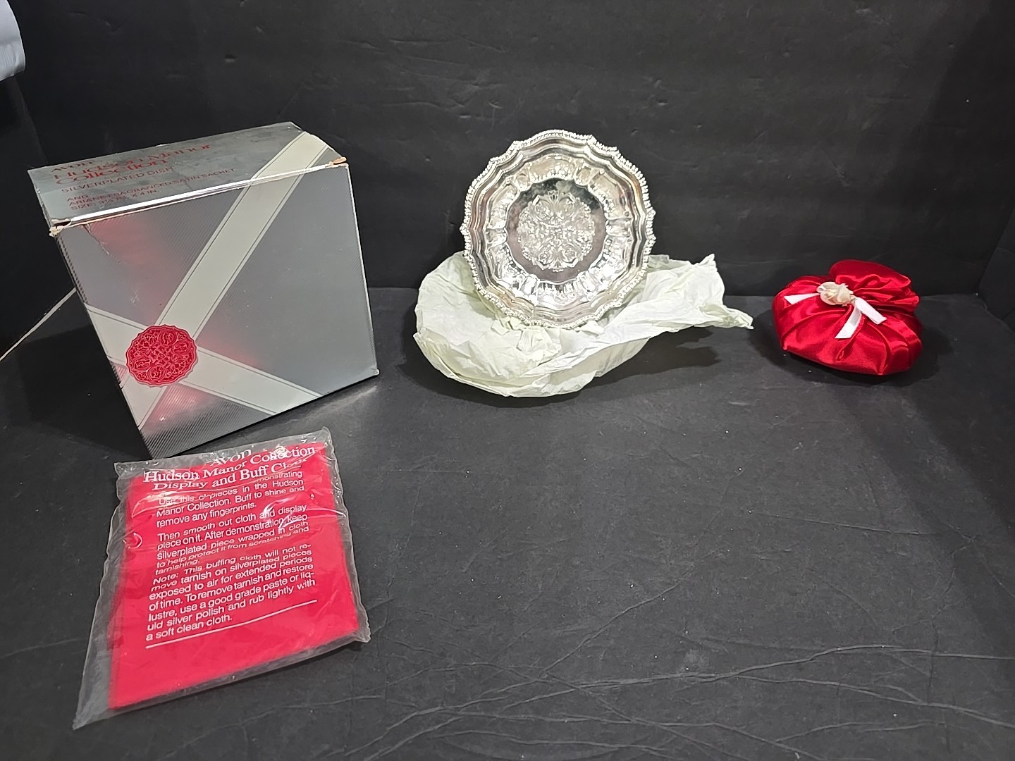 Vintage Avon Hudson Manor Silverplated dish/ Ariane Fragrance Satin Sachet Italy