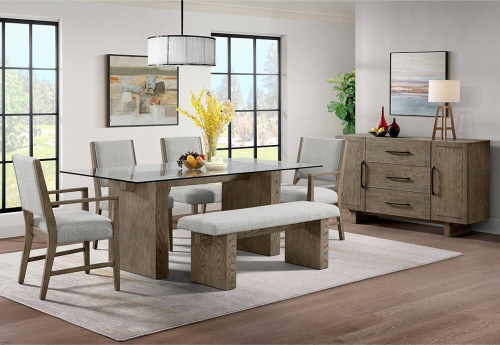 Elements Conner Rectangular Dining Table Glass Top Tempered D-10560-5-DTT Oak