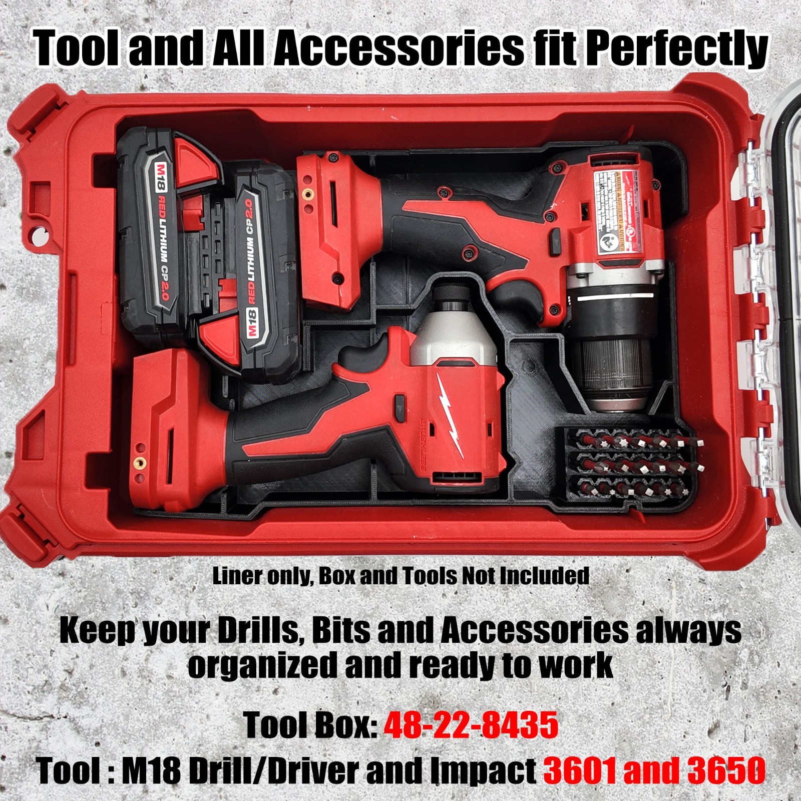 M18 Drill Driver Organizer for Milwaukee Compact Packout 3601-20