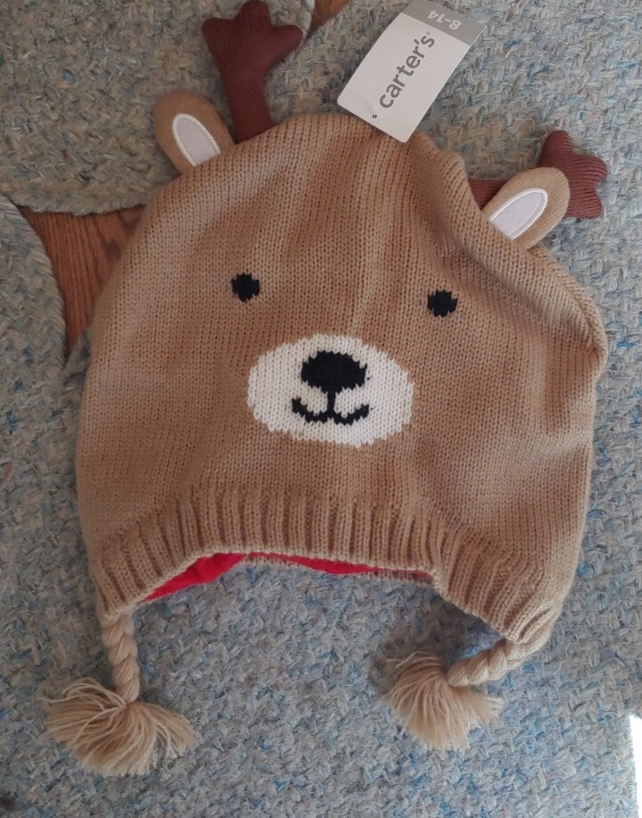 Carter's Reindeer Fleece Lined Knit Hat. Size 8-14 Years. Nwt. B30