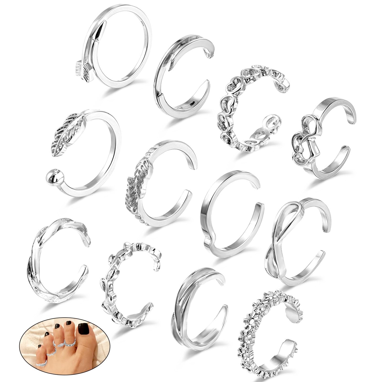 12PCS Silver Toe Rings for Non Tarnish Vintage Adjustable Heart Star Moon Sil...