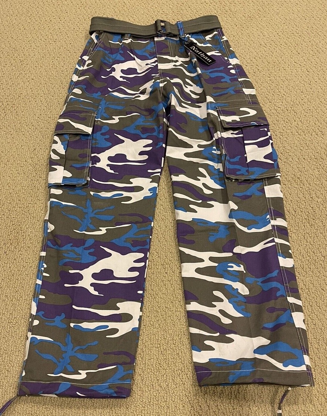 NWT Men’s Nathan Purple Blue Camo Camouflage Belted Cargo Pocket Pants ALL SIZES