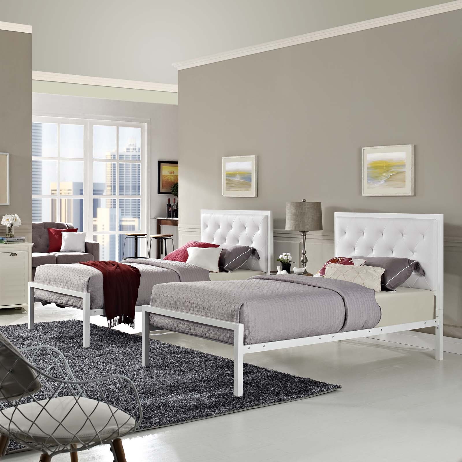 Modway Mia Tufted Vegan Leather Twin Platform Bed Frame in White White