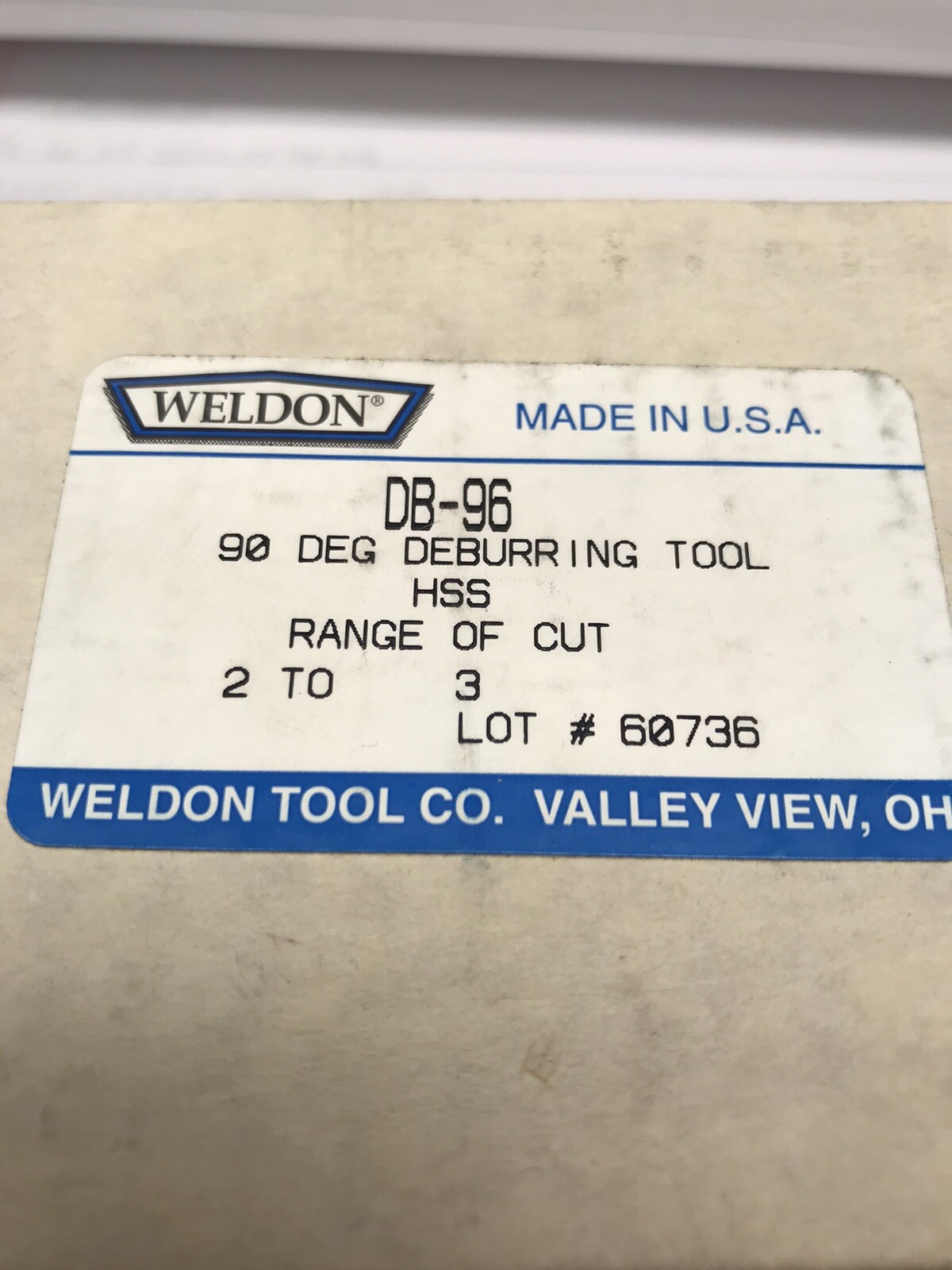 1 Pc. DB-96 WELDON 2”-3” 90 DEG DEBURRING TOOL (loc H6)