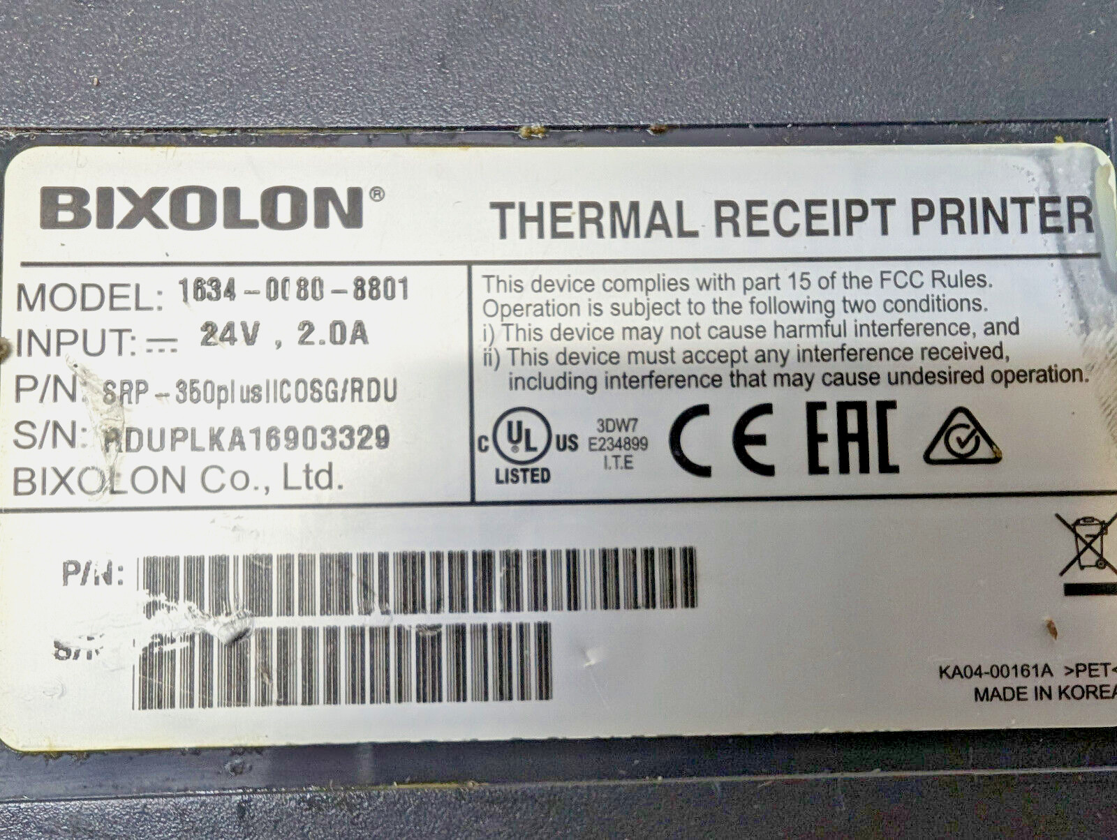 Bixolon SRP-350plusII Thermal Receipt USB Printer w/ Power Cable
