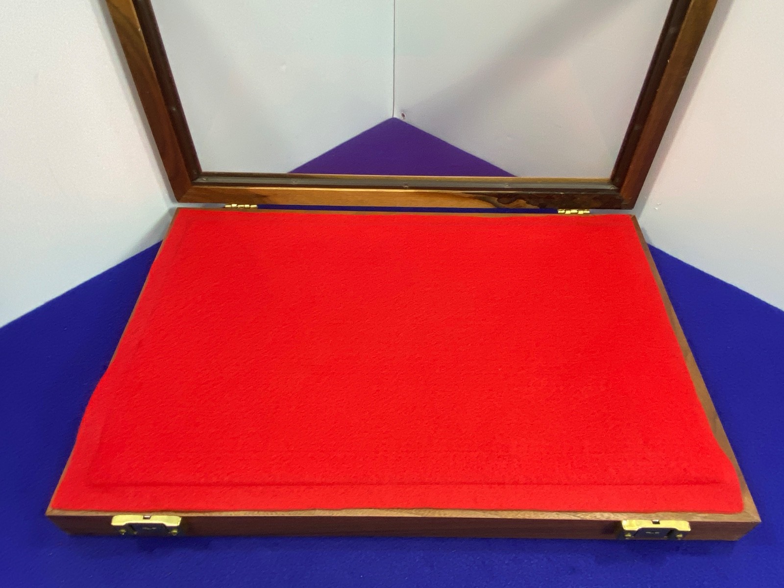 Vintage Glass-Top Wooden Display Case with Red Felt Interior & Foam Padding