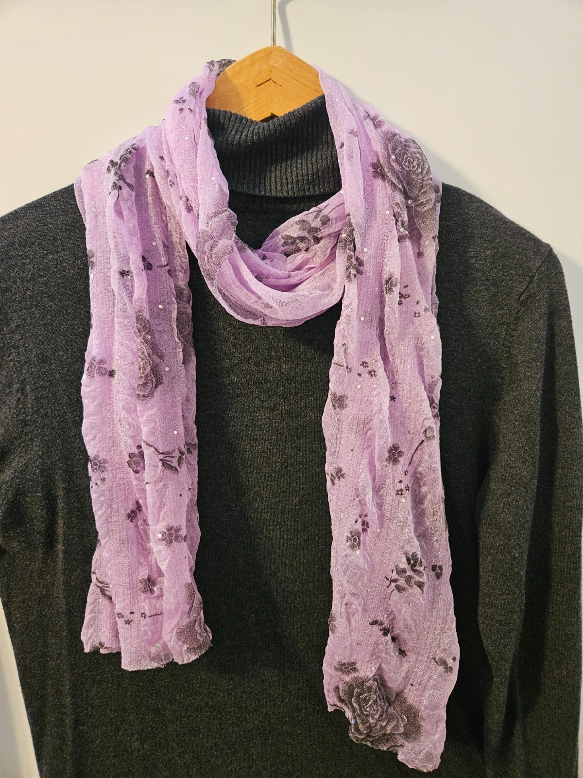 Pink/Lavender Sheer Scarf with Black Rose Print & Sparkle Accents – 70"x20" NWOT