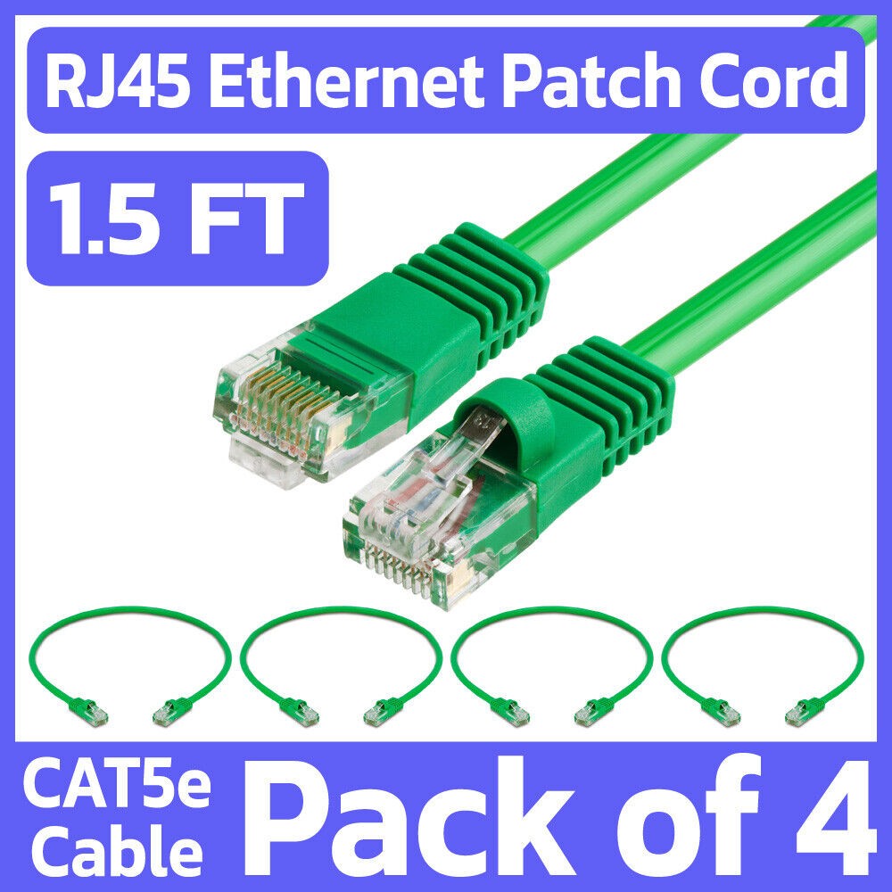 4 Pack Green Cat5e Ethernet Patch Cable 1.5ft RJ45 Network Cord Internet Wire