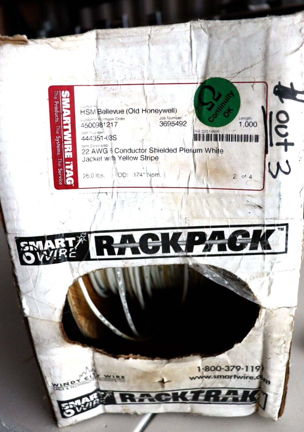 Smartwire Rackpack 22 AWG 6 Conductor Shielded Plenum White Jacket/Yellow Stripe