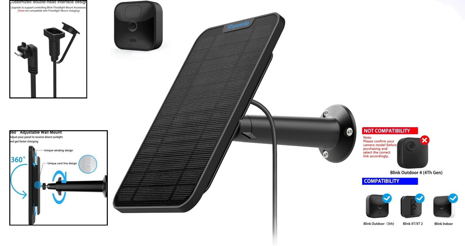 Waterproof Solar Panel for Blink 3rd Gen/XT/XT2 Camera - Quick Charge