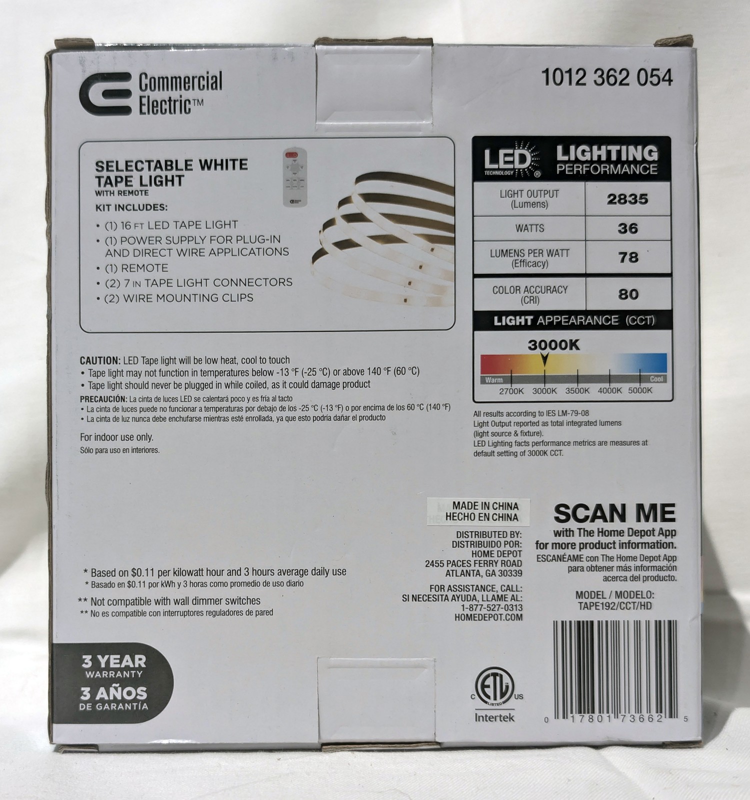 Commercial Electric 16ft Selectable White Tape Light with Remote - NEW