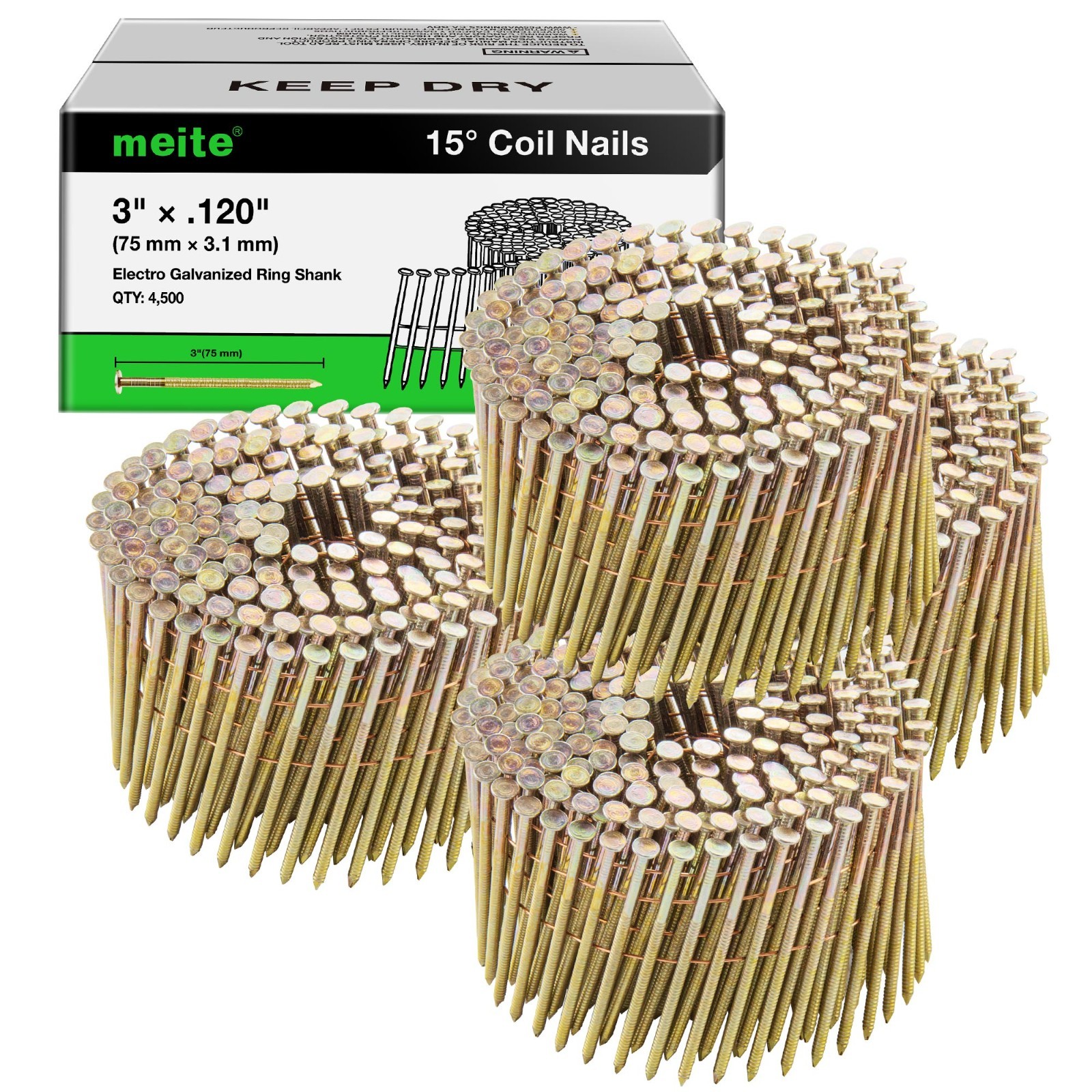 4,500PCS meite Siding Nails 3"×.120" 15 Degree Electro-Galvanized Ring Shank