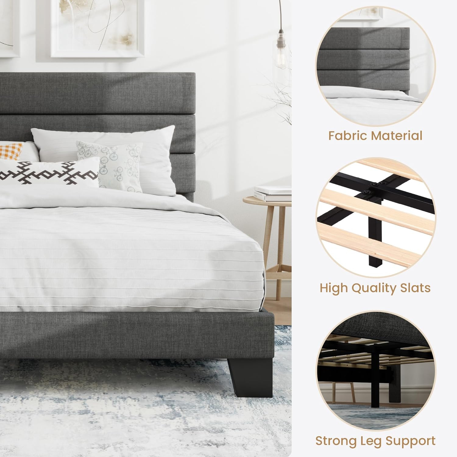 Elegant Grey Queen Platform Bed Frame with Upholstered Headboard & Slats