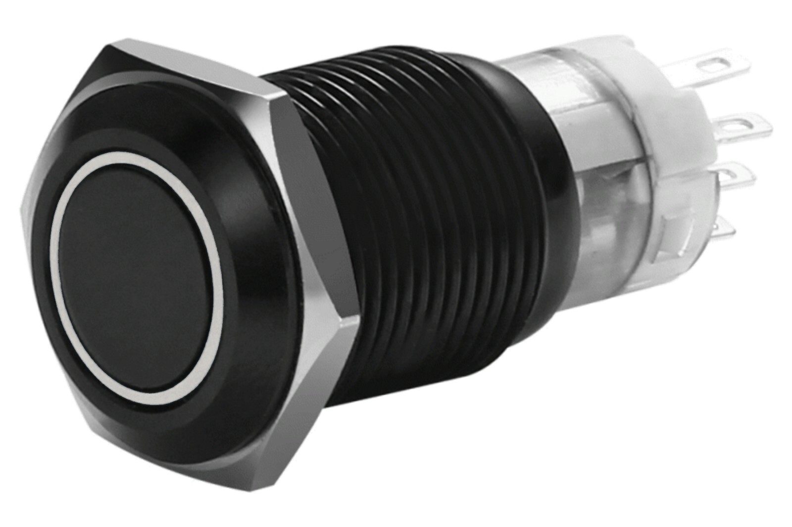 5/8" Black Stainless Steel Latching Power Switch w White Halo Light LED 16mm 12V
