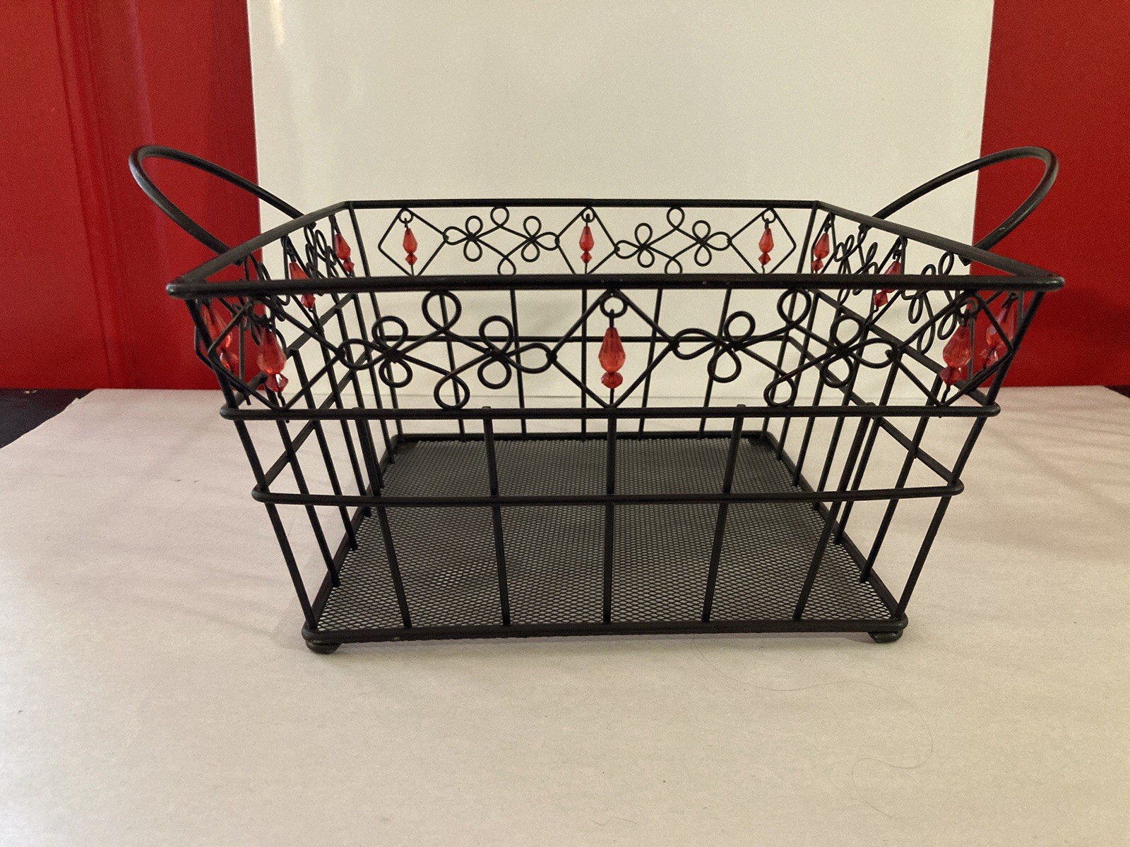 Vintage 2 Metal Baskets Black,Mesh,Red Beads,2 Handled,Missing 1 Bead See Pics