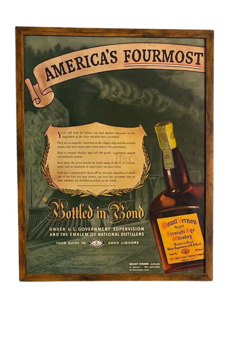 Mount Vernon Whiskey 1930s Framed Wall Art Vintage Bar Man Cave Decor