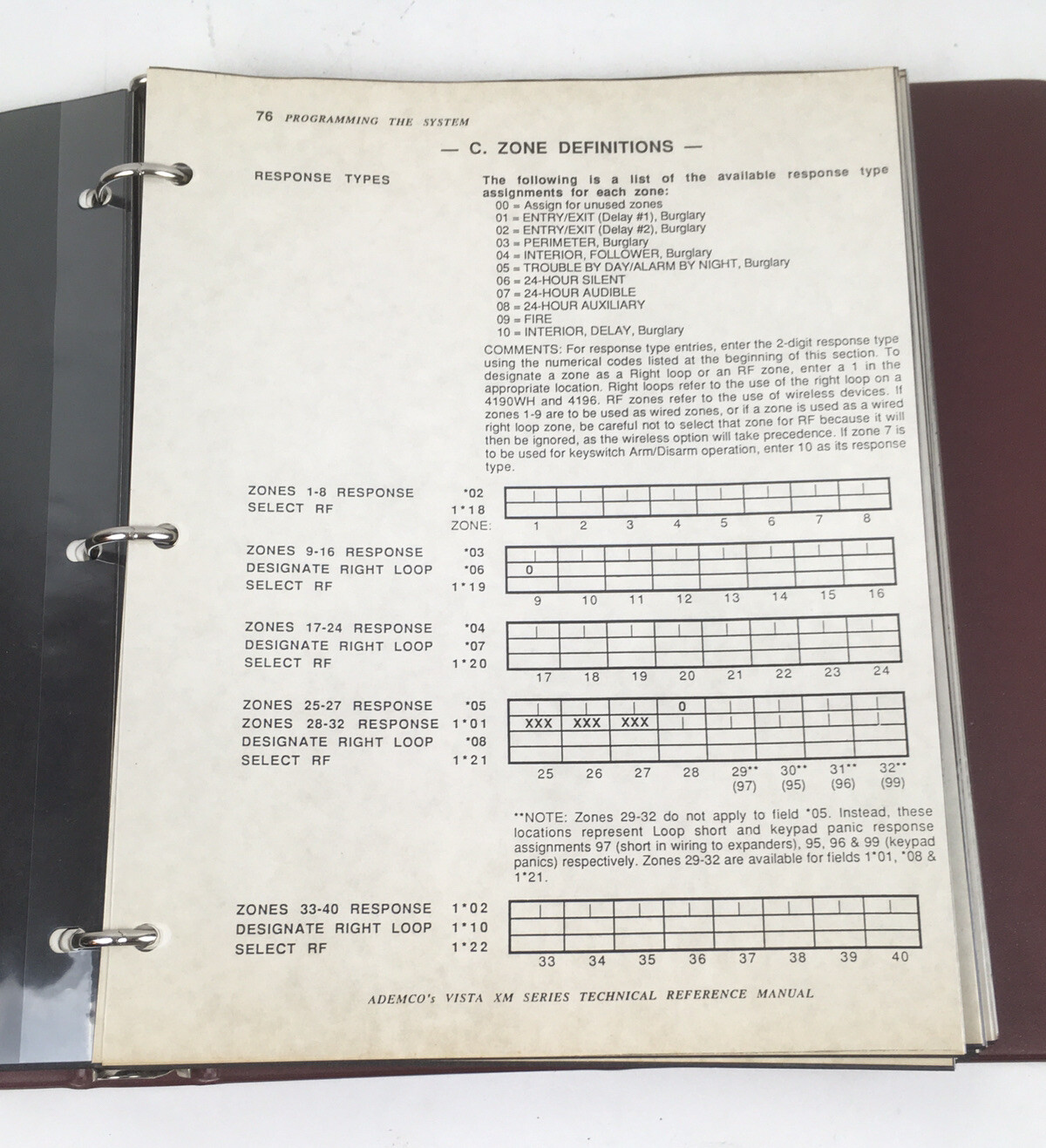 Ademco’s Vista XM Series Technical Reference Manual Papers Security Sys. Binder