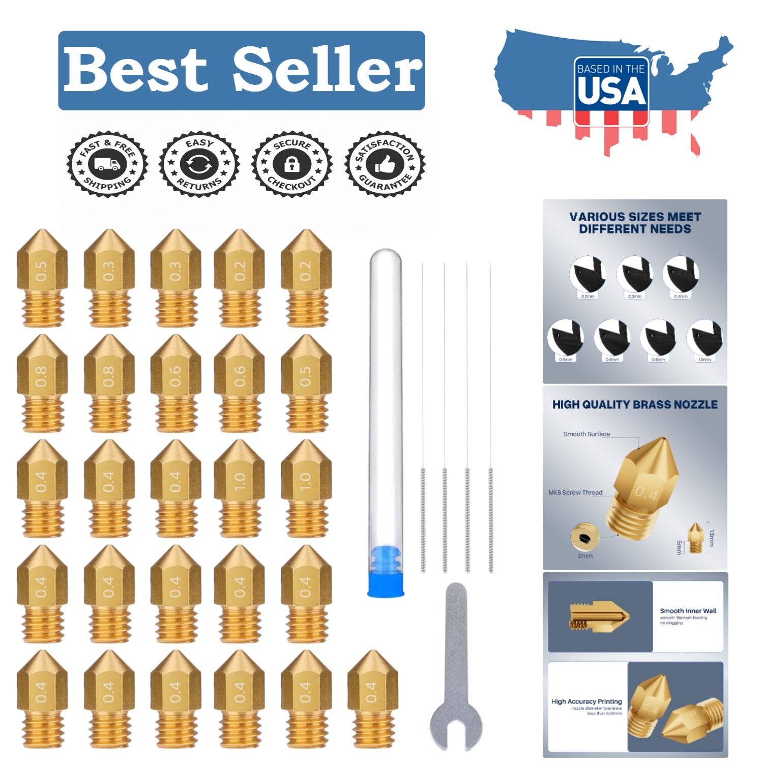 26-Piece MK8 Brass Nozzle Set for 3D Printers Compatible with Neptune 3 Series