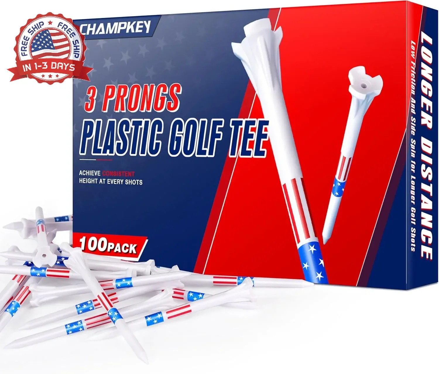 CHAMPKEY 3 Prongs Plastic Golf Tees 100 Pack Star and Stripe Version - Low Frict