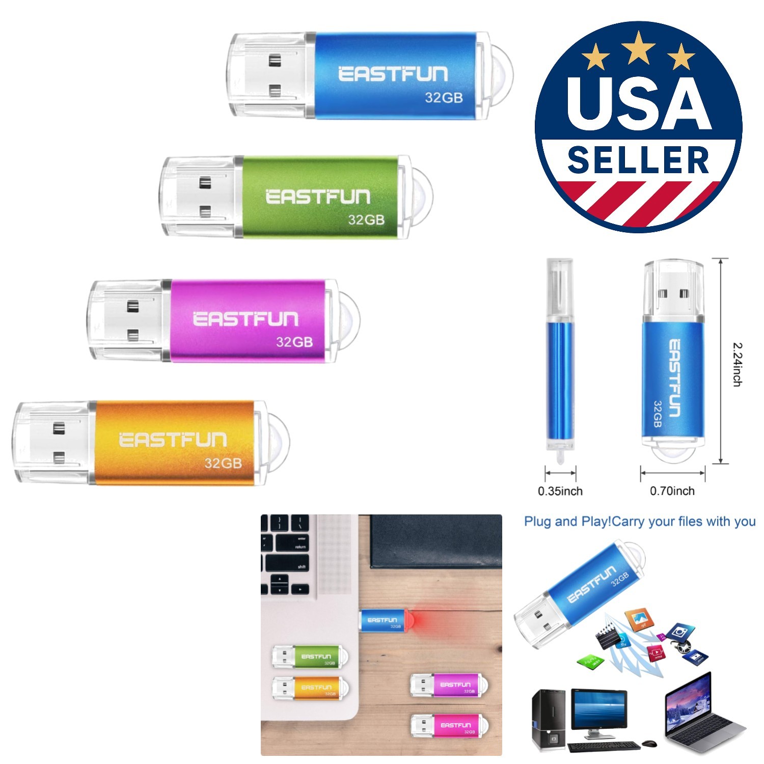 High-Speed 32GB USB 2.0 Flash Drive Set - 4 Color Mix: Gold, Purple, Blue, Green