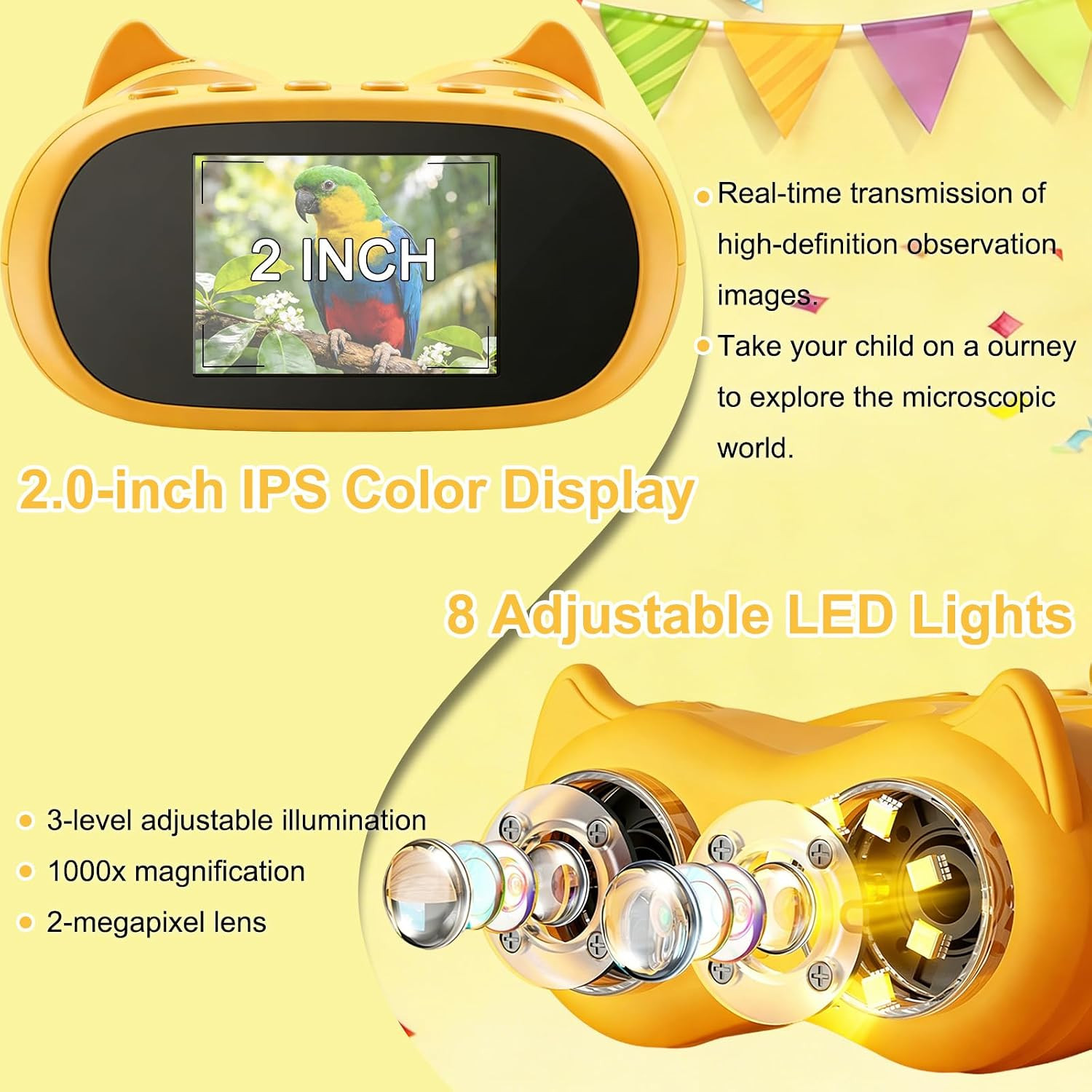 1000X Handheld Digital Microscope for Kids & Binoculars, 2 in 1 Pocket Microscop