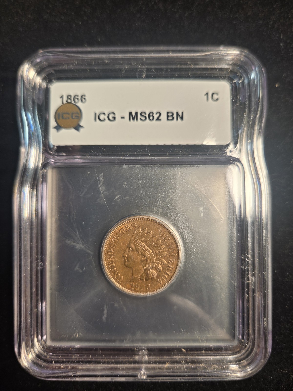 1866 1c Indian Cent ICG MS62BN