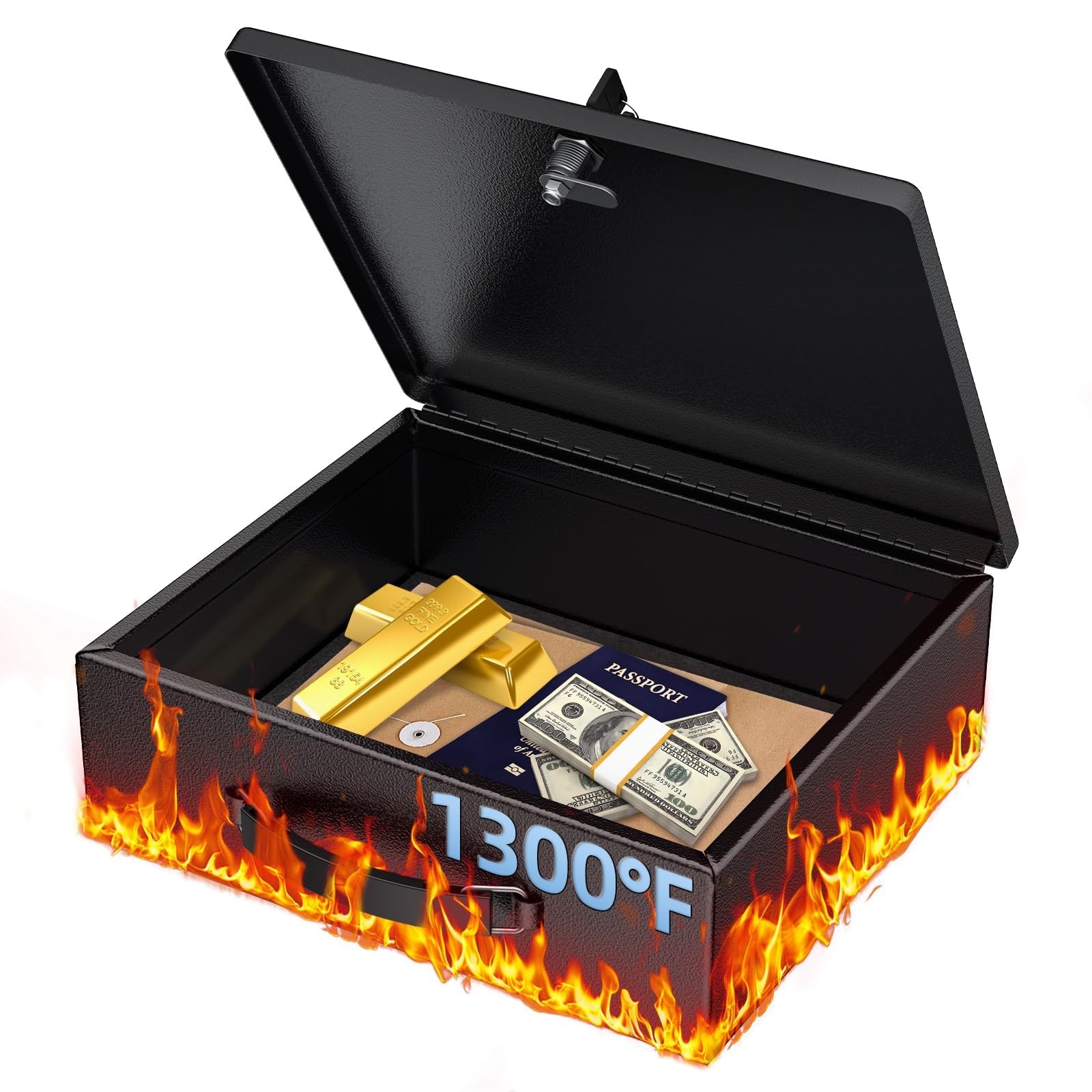 Fireproof Document Box with Key Lock & Handle - Water-Resistant Safe for Valuabl