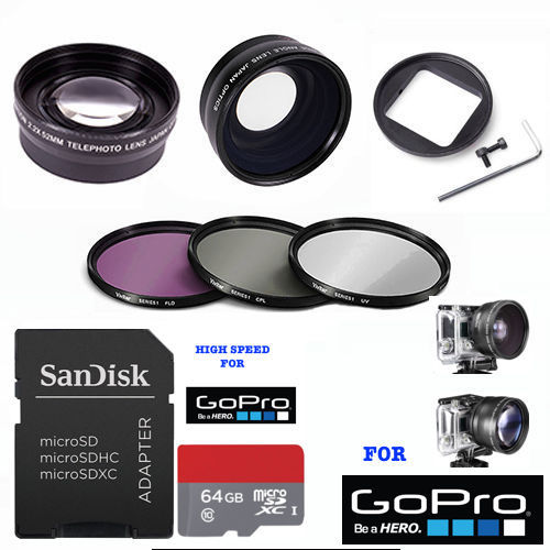 GOPRO HERO4 BLACK SILVER WIDE ANGLE LENS+TELEPHOTO LENS + FILTER KIT + 64GB CARD