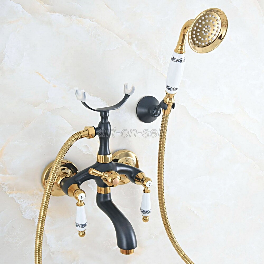 Black Gold Brass Wall Mounted Clawfoot Bath Tub Faucet with Hand Shower ana549