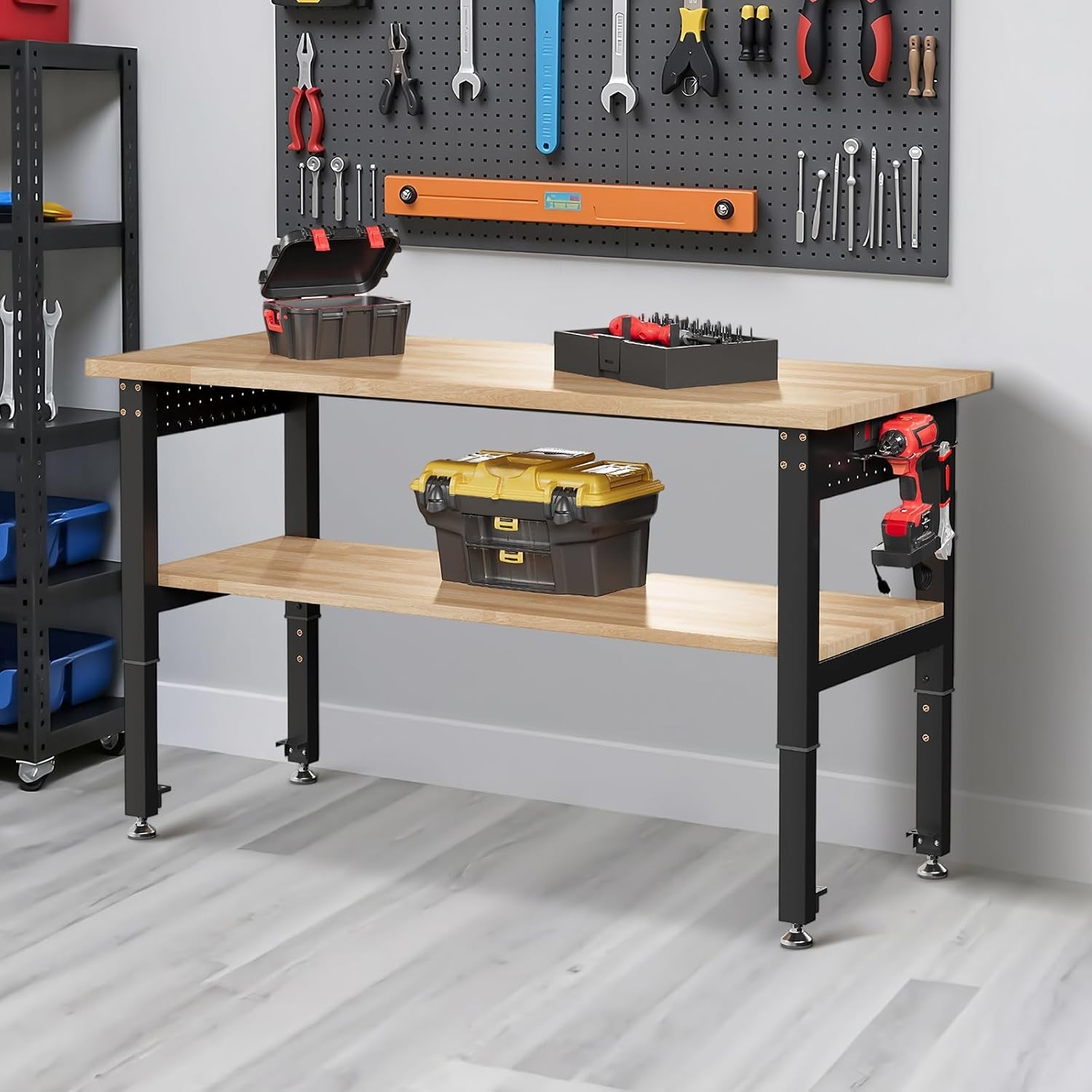 48" Adjustable 2-Tier Workbench with Solid Wood Top Max 2500lbs Capacity