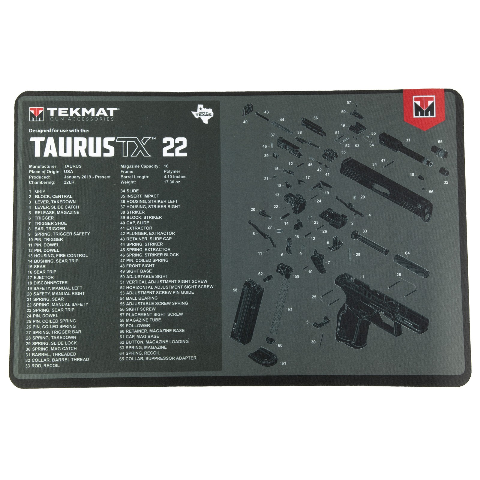 TekMat Taurus TX22 Gun Cleaning Mat 11x17 Rubber Back Parts Diagram Black