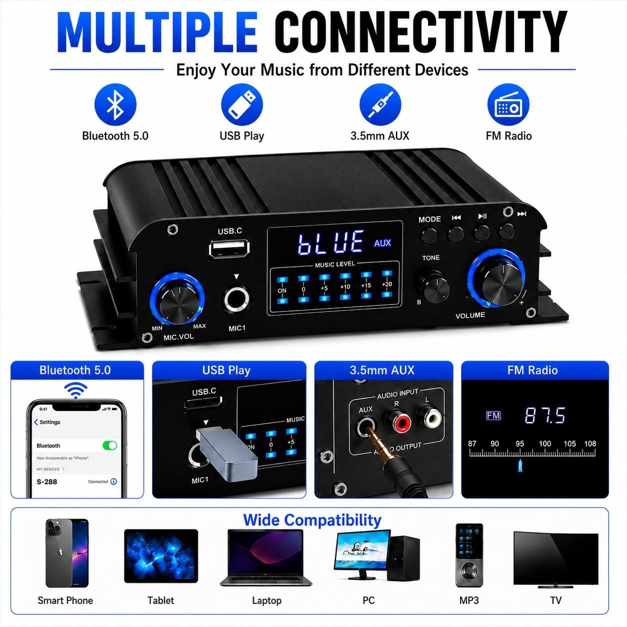 1200W Bluetooth Stereo Amplifier for Home Theater & Karaoke/-^~--/`