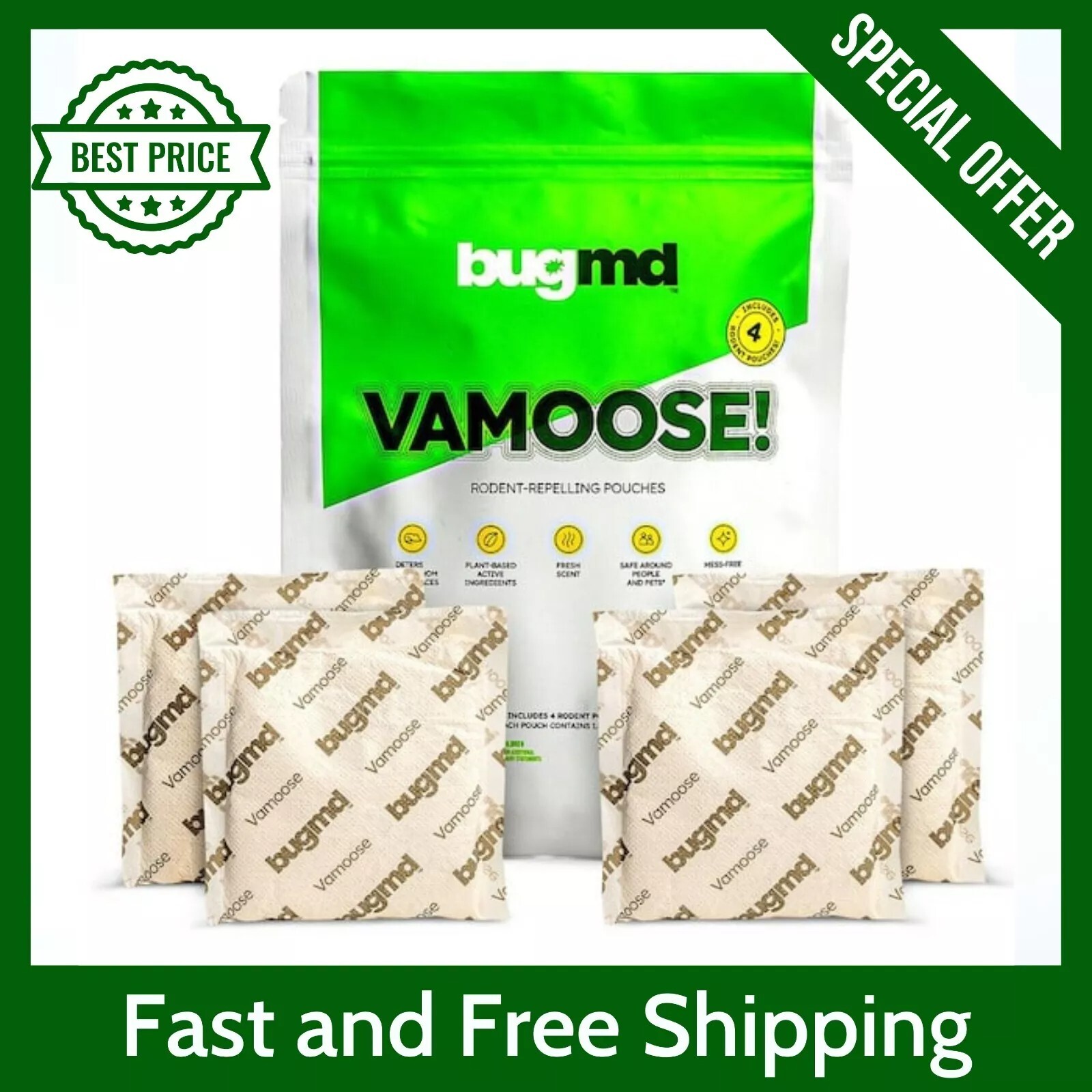 BugMD Vamoose - Rodent Pouches (4 Pack), Plant-Powered Rat.. 1 Pack, 4 Pouches..