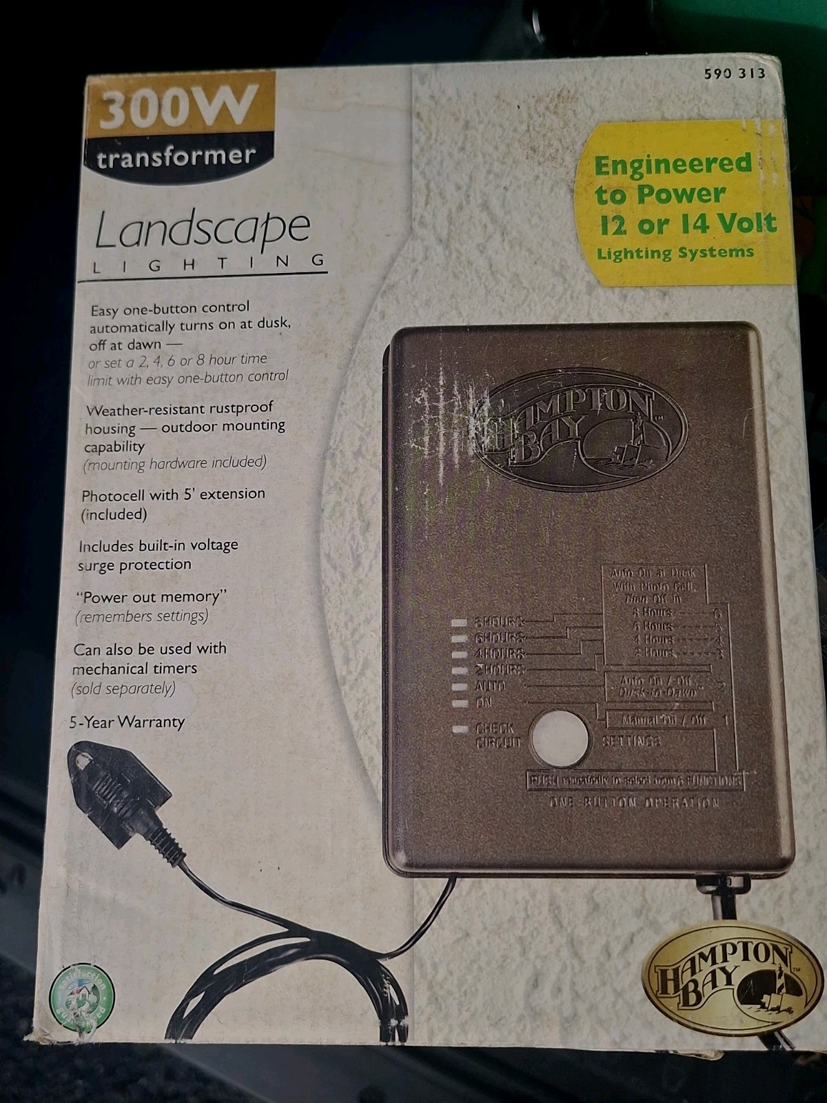 Hampton Bay 590313 Landscape Lighting Transformer 300W 12/14V 5ft Photocell Cord