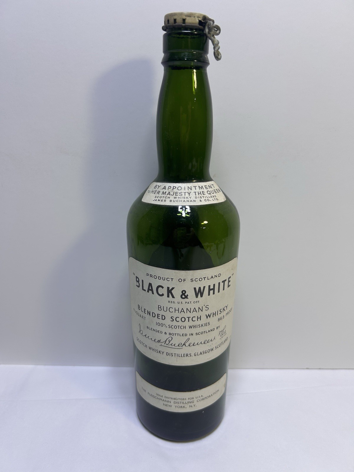 Vintage 1950’s/60’s Black And White Whisky Old Empty Bottle Glass Green Scotland