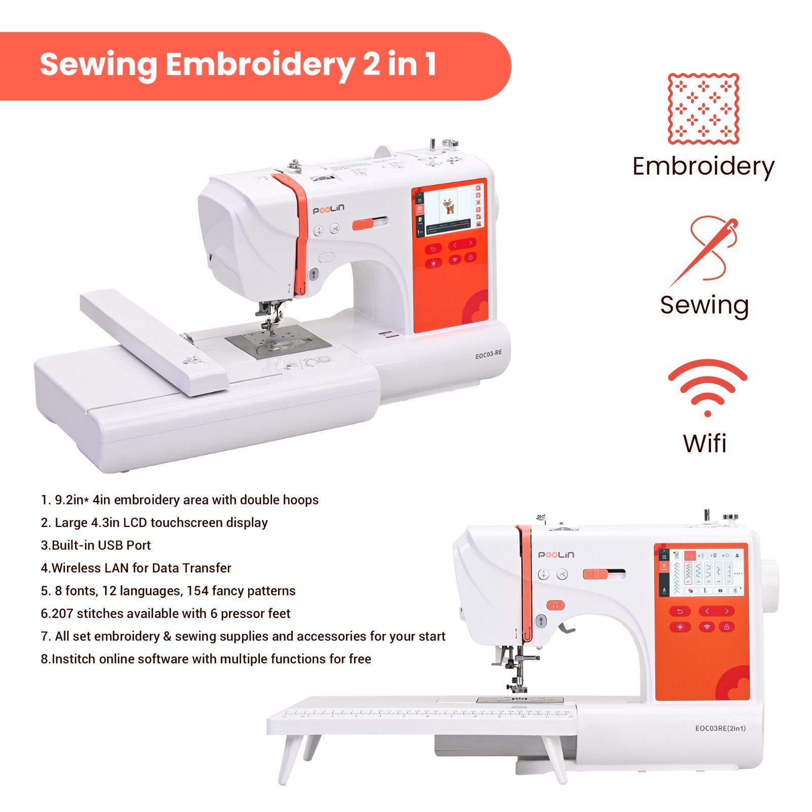 POOLIN EOC03RE(2in1) Sewing and Embroidery Machine Computerized With SOFTWARE.