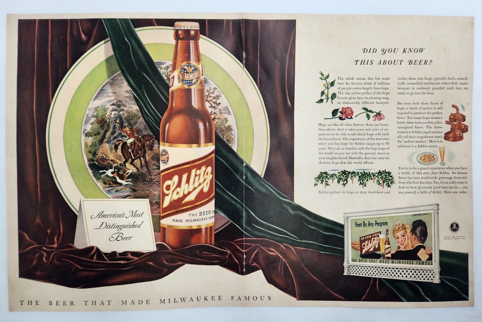 1941 Schlitz Beer Two Page WWII Era Original Print Ad Life Magazine 40's