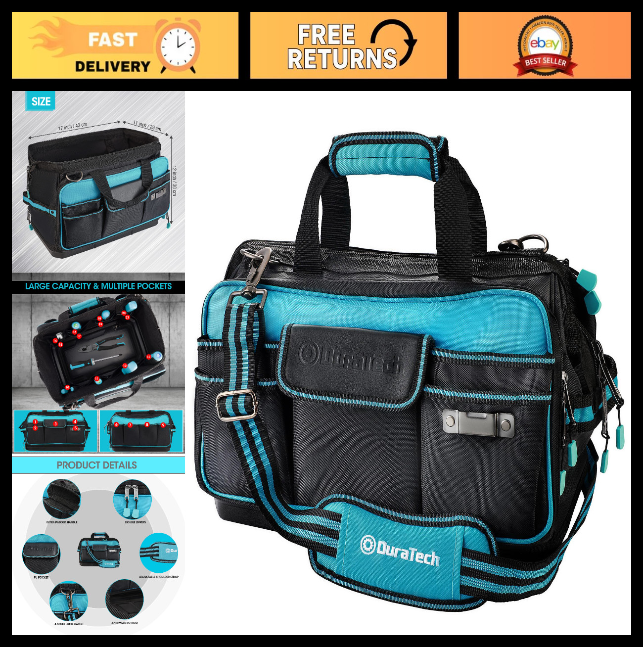 Large 17" Wide Mouth Tool Bag Organizer - 32 Pockets, Waterproof Base, Adjustabl