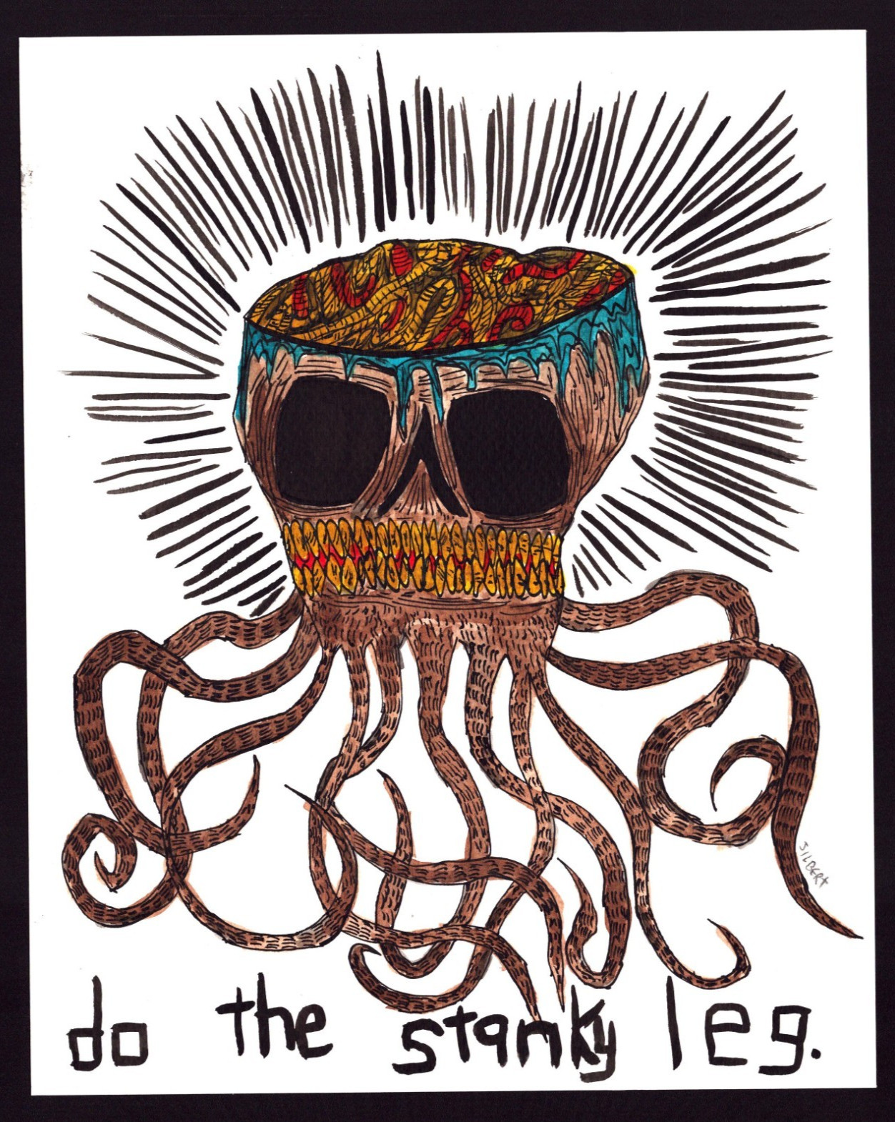 Original DO THE STANKY LEG Octopus SKULL Brain Worms Drawing Outsider Art SIGNED