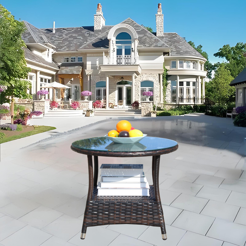 PE Rattan Coffee Table Outdoor Patio Furniture Side Table Tempered Glass Top