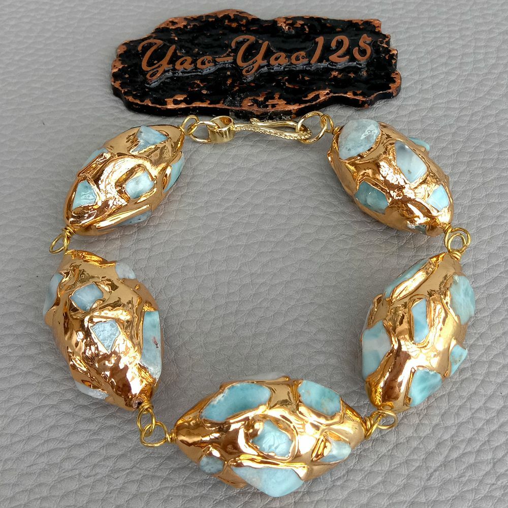 Natural Blue Larimar Gold Plated Olive shape Bracelet