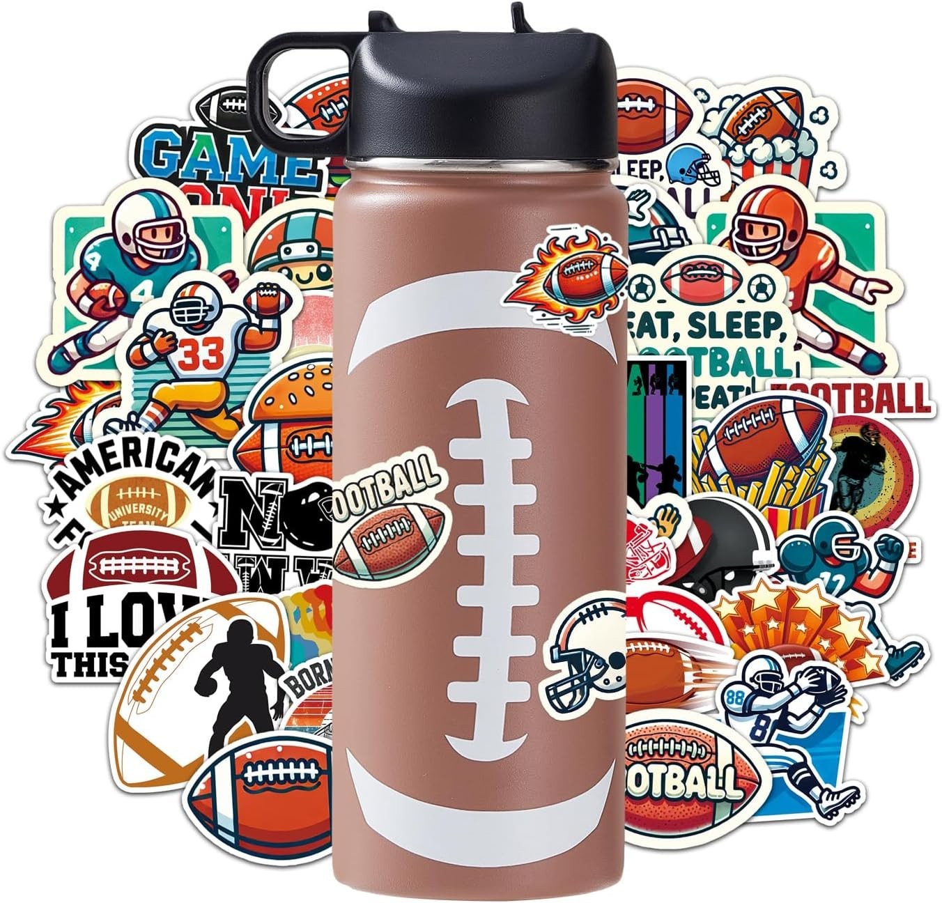 Football Water Bottles 18 oz and 100 PCS Football Stickers Sports Insulated