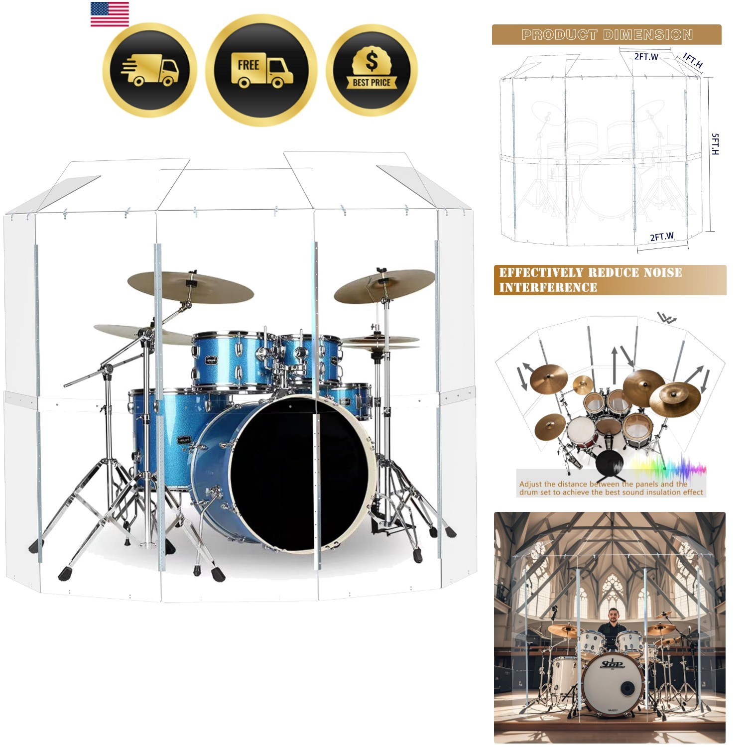 Portable Drum Shield 5 Panels Acrylic Sound Barrier for Drums Studio Gigs