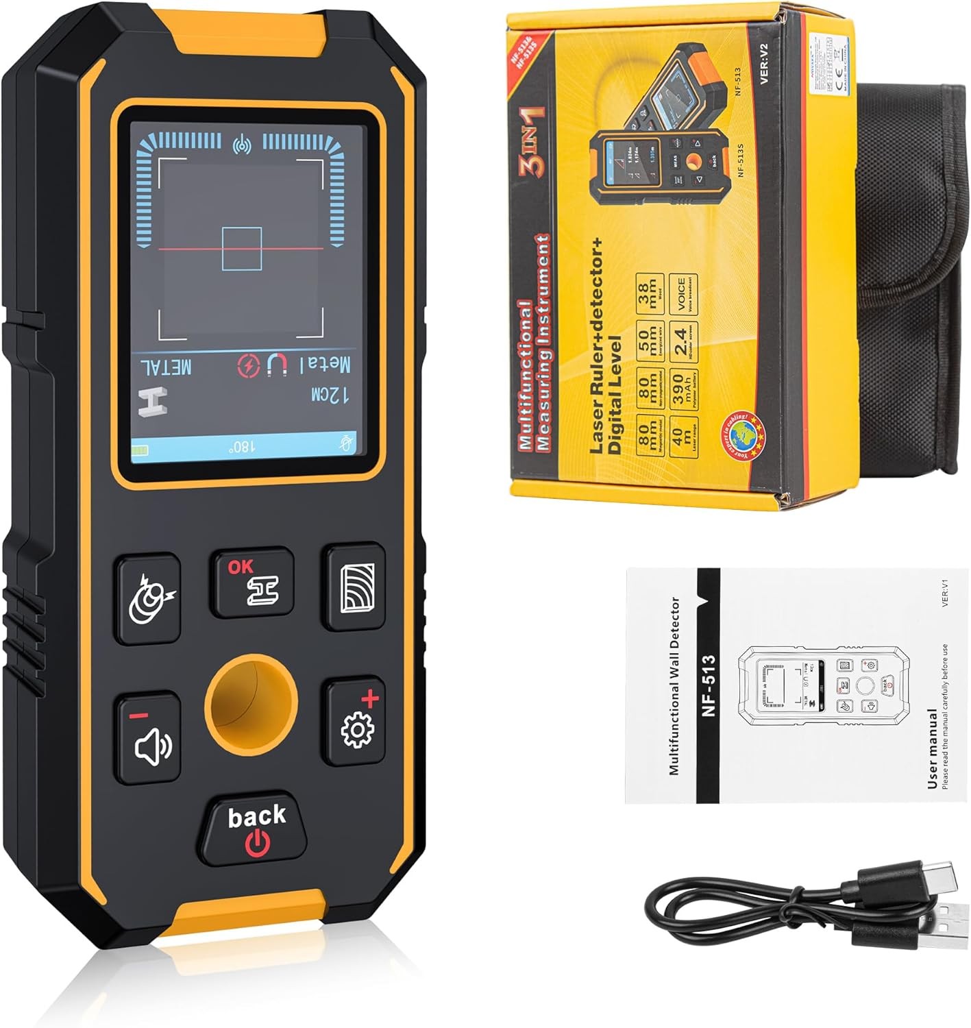 3-in-1 Stud Finder Wall Scanner - Magnetic & Non-Magnetic Metal, Wood, Cable Det