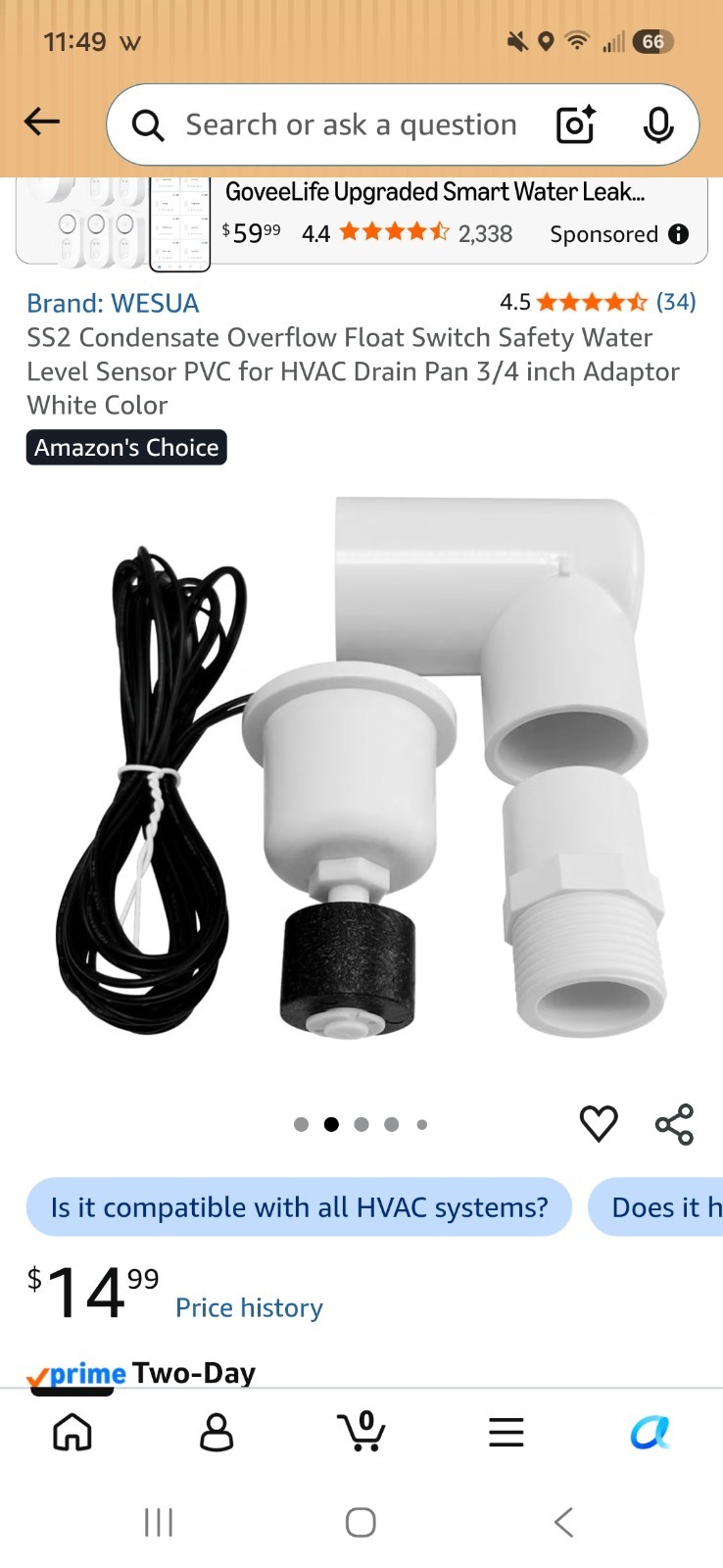 WESUA SS2 HVAC Condensate Overflow Float Switch Water Level Sensor 3/4" PVC
