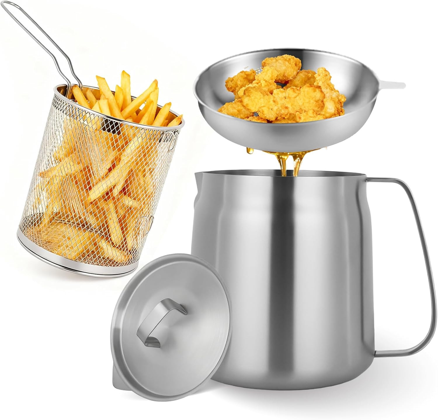 119Oz 304 Stainless Steel Deep Fryer with Basket and Oil Strainer Pot, 3.5L | En