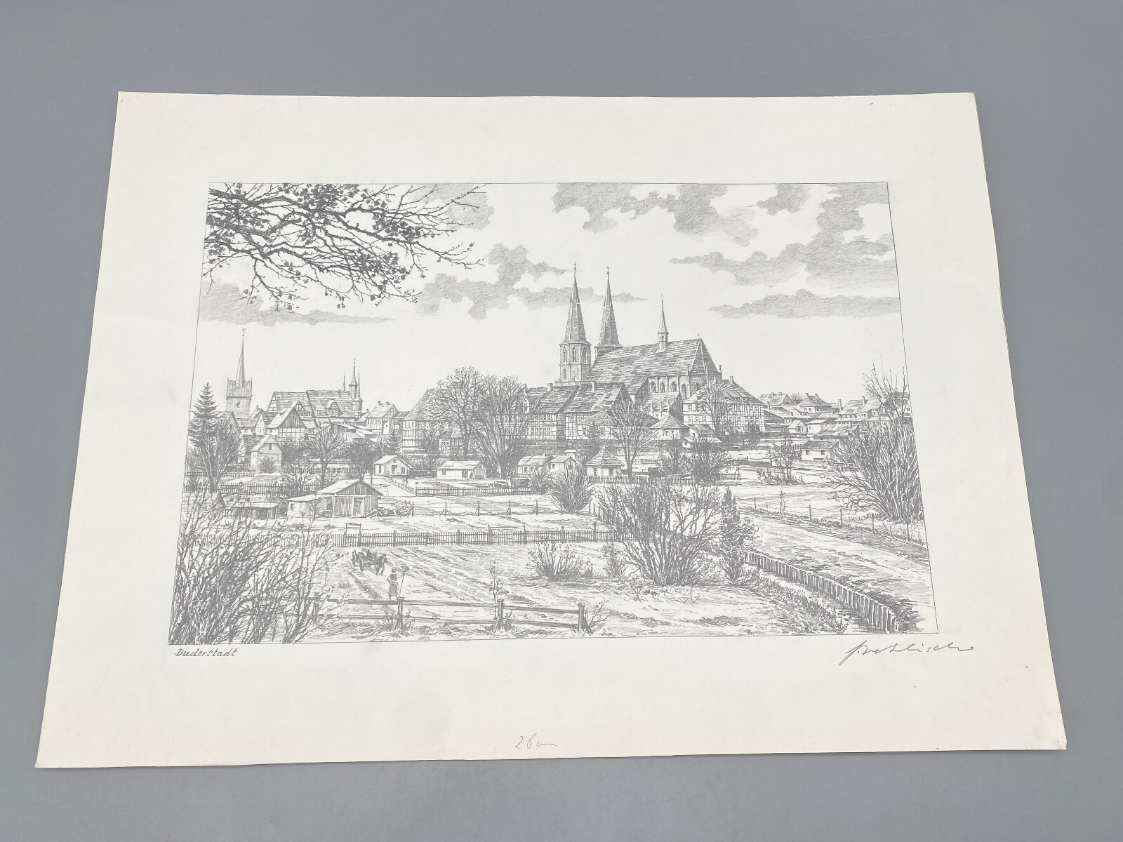 HEINZ WEHLISCH DRAWING DUDERSTADT EICHSFELD ST CYRIAKUS UPPER CHURCH AUTOGRAPHED