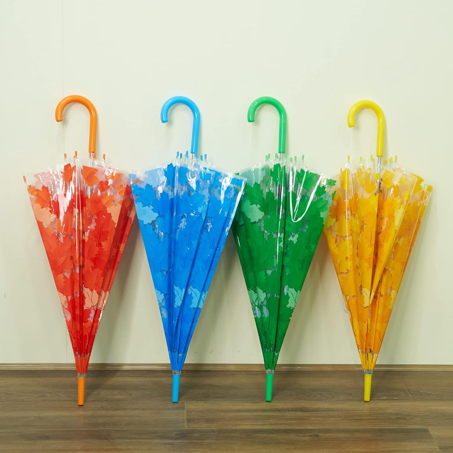 ThreeH Clear Dome Bubble Umbrella with Leaves Automatic Switch Long Handle Strai