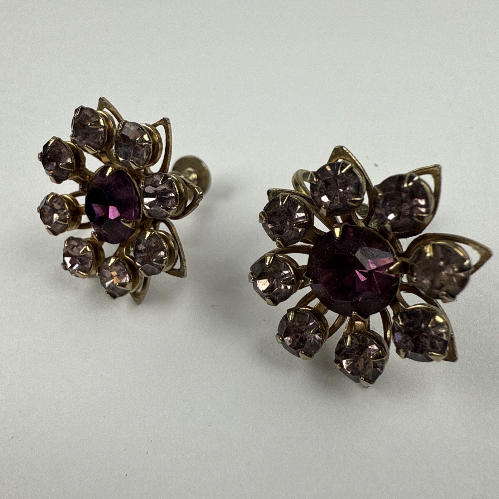 Vintage Purple Crystal Rhinestones Flower Floral Screw Back Fashion Earrings